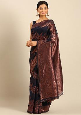 Navy Blue Printed Cotton Saree Set