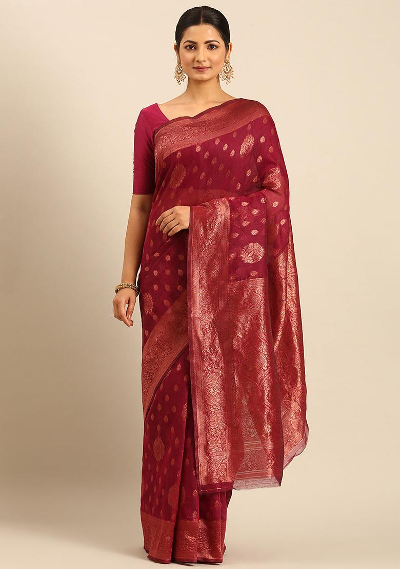 Magenta Printed Cotton Saree Set