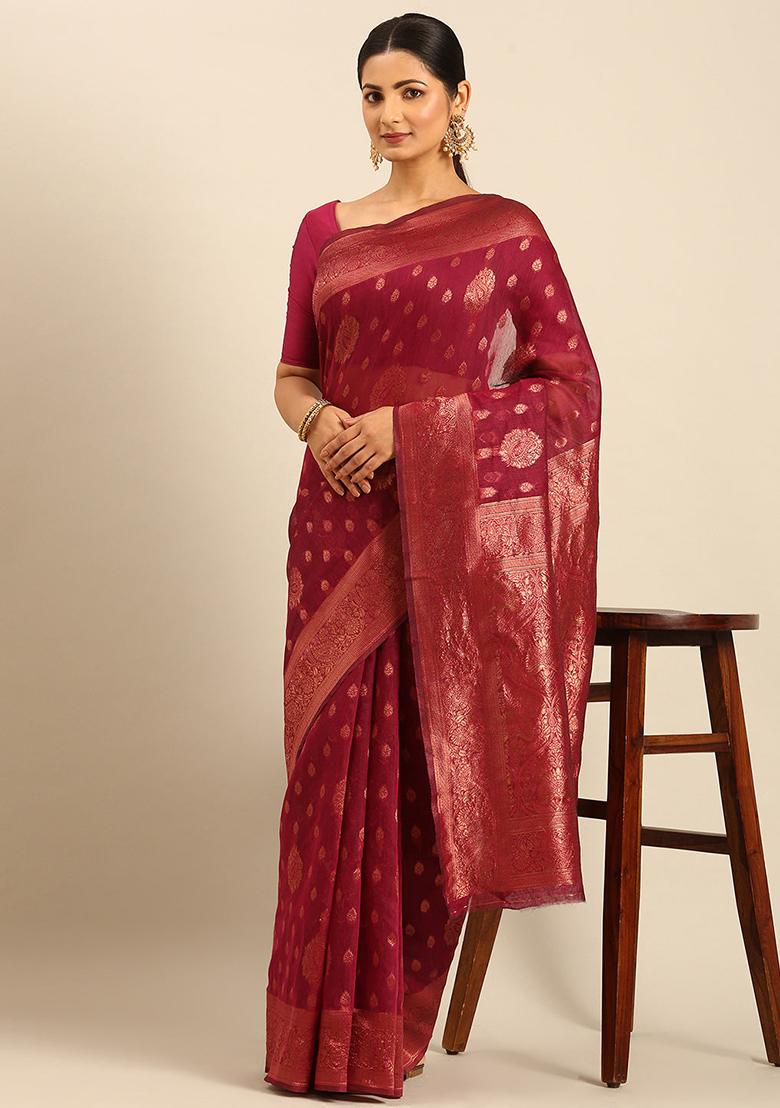 Magenta Printed Cotton Saree Set