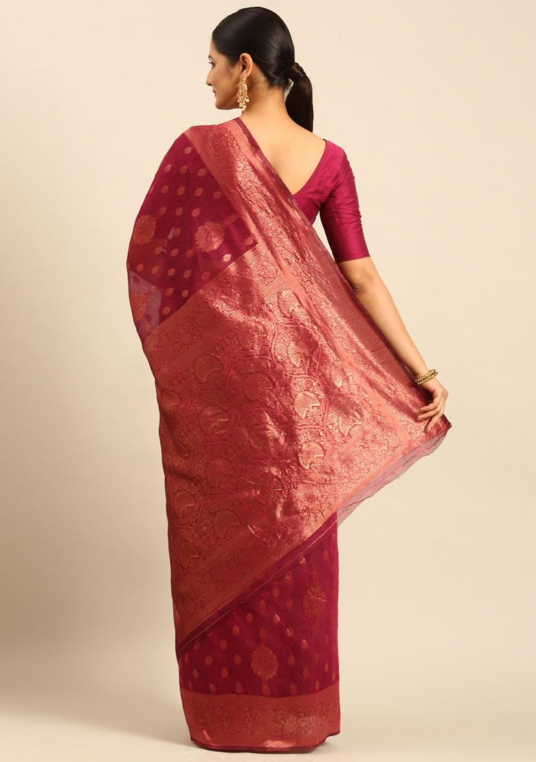 Magenta Printed Cotton Saree Set