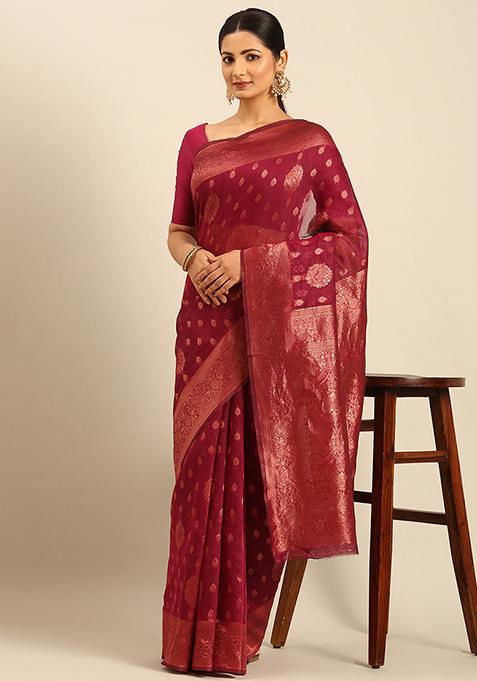 Magenta Printed Cotton Saree Set