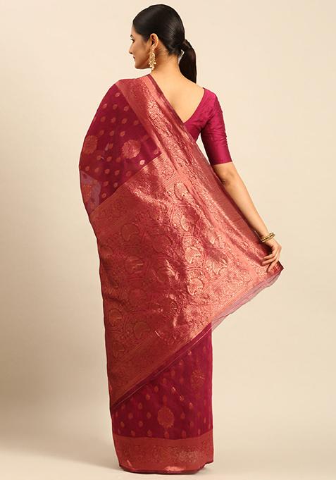 Magenta Printed Cotton Saree Set