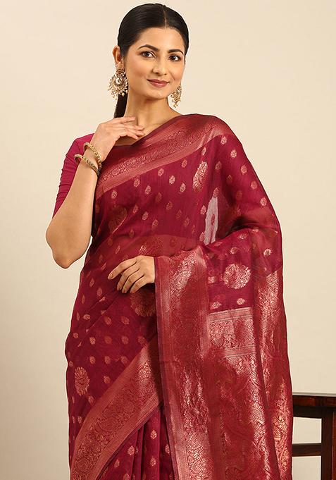 Magenta Printed Cotton Saree Set