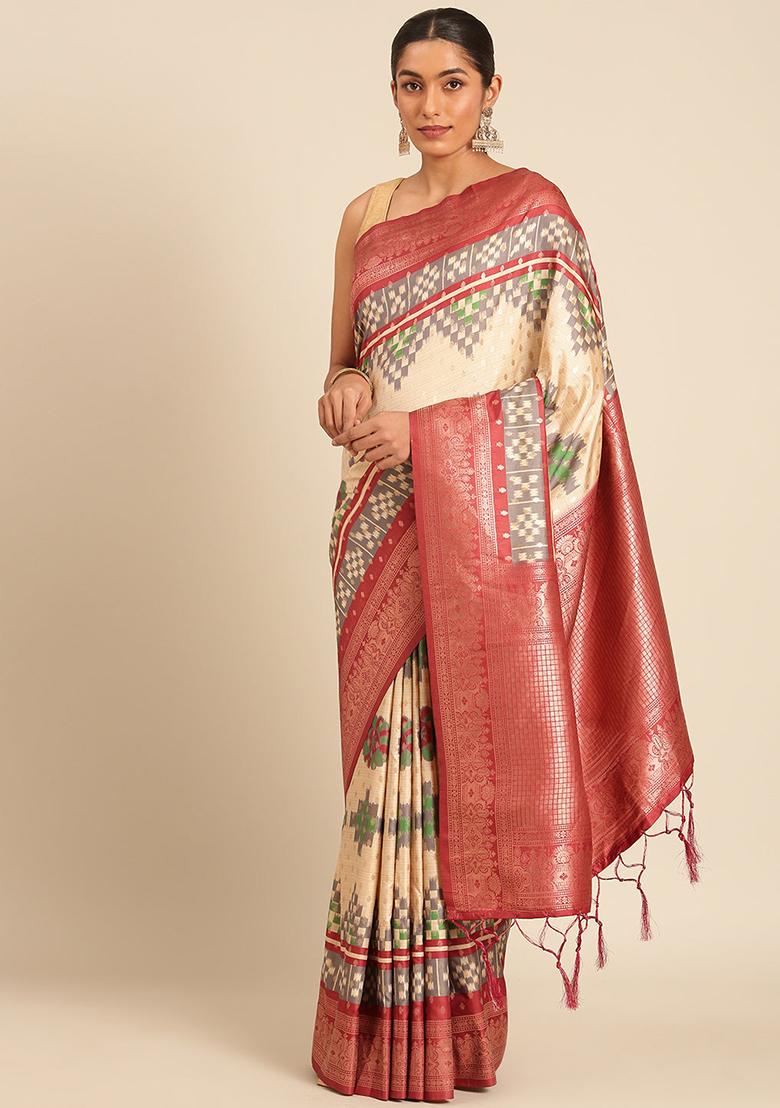 Cream Jacquard Silk Saree Set