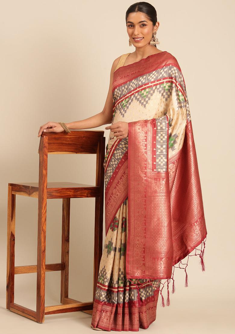Cream Jacquard Silk Saree Set