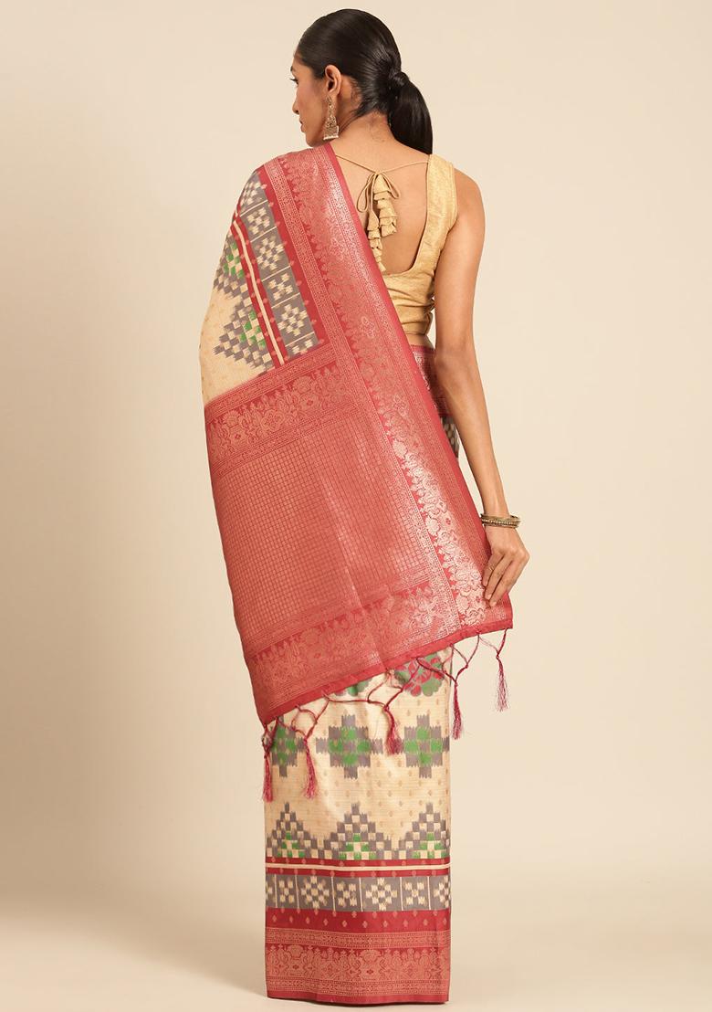 Cream Jacquard Silk Saree Set