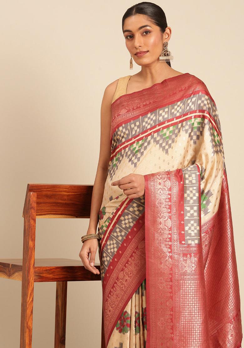 Cream Jacquard Silk Saree Set