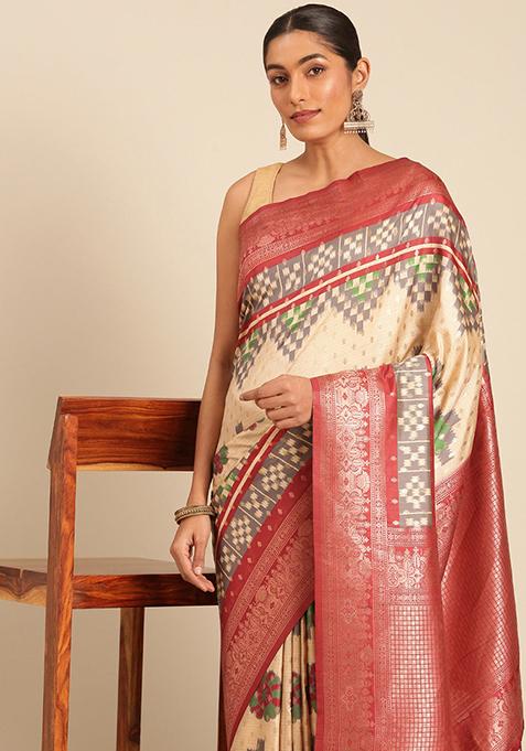 Cream Jacquard Silk Saree Set