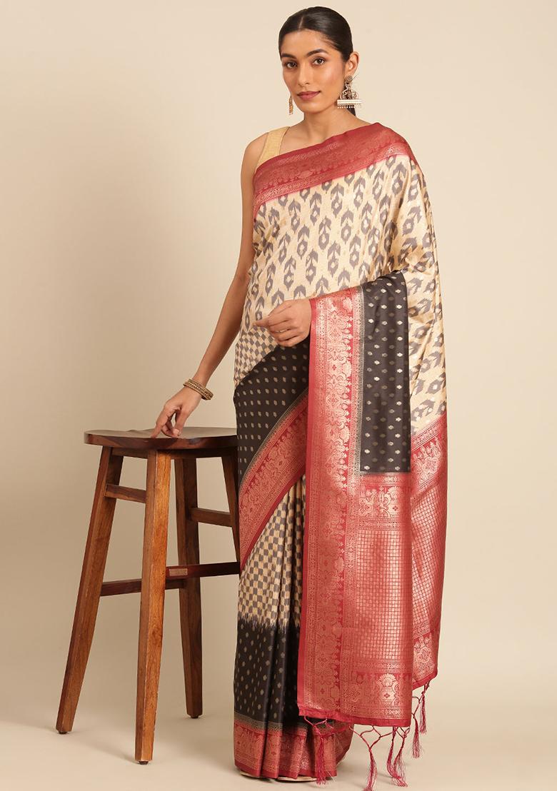 Cream Jacquard Silk Saree Set