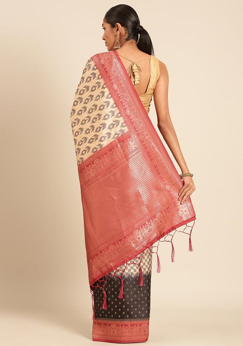 Cream Jacquard Silk Saree Set