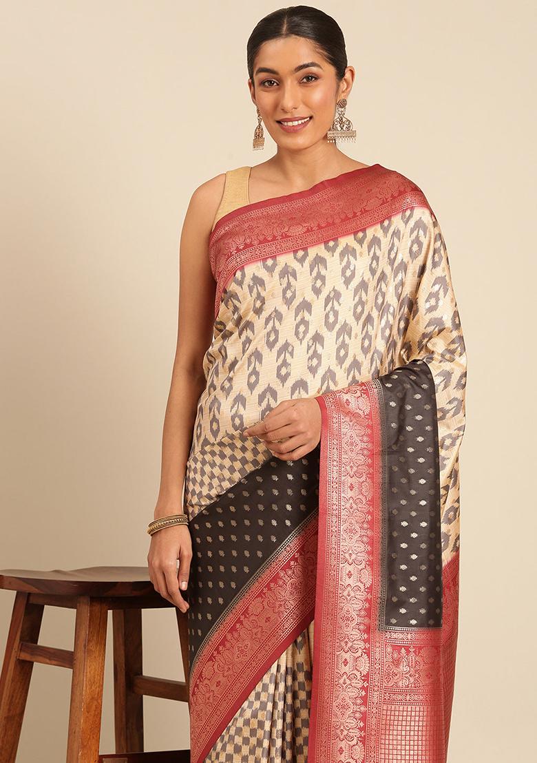Cream Jacquard Silk Saree Set