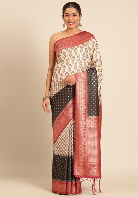 Cream Jacquard Silk Saree Set