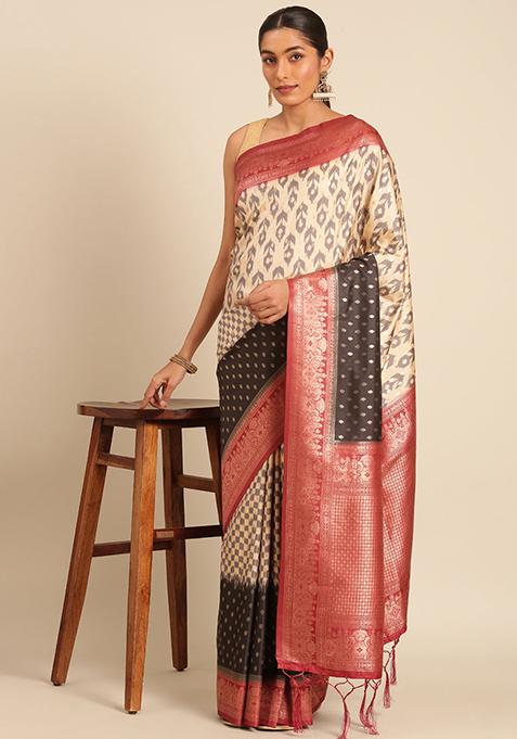 Cream Jacquard Silk Saree Set
