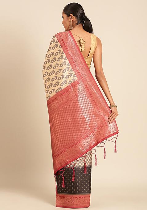 Cream Jacquard Silk Saree Set