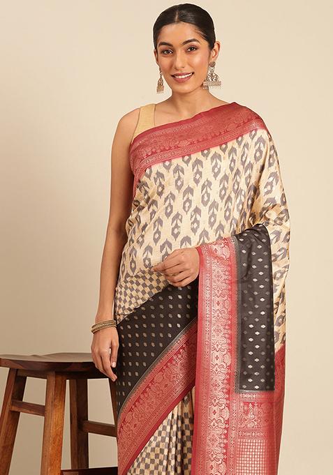 Cream Jacquard Silk Saree Set