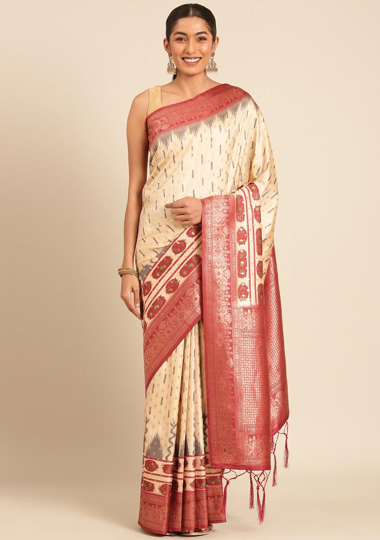 Cream Jacquard Silk Saree Set