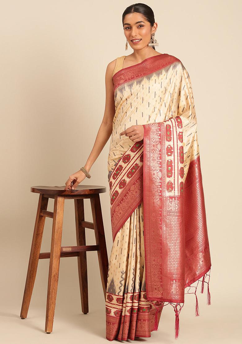 Cream Jacquard Silk Saree Set