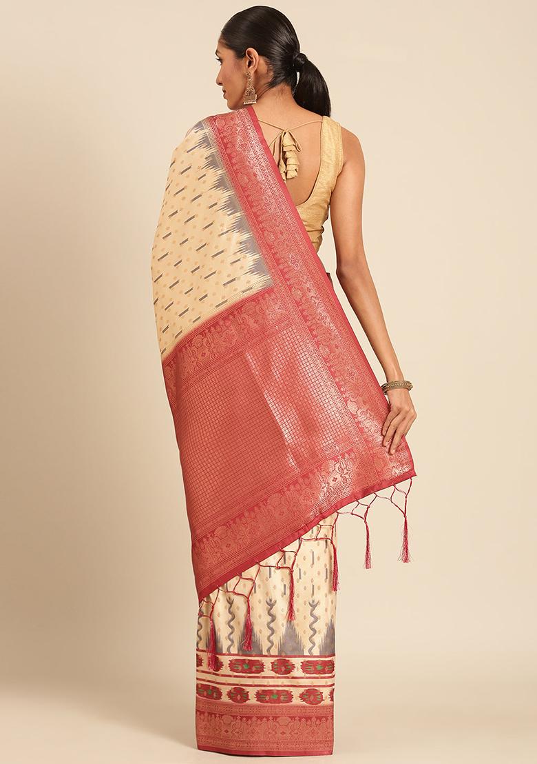 Cream Jacquard Silk Saree Set
