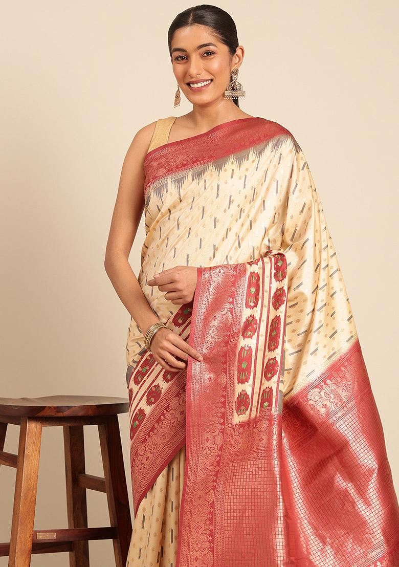 Cream Jacquard Silk Saree Set
