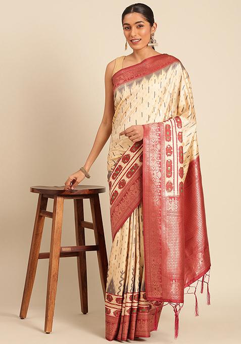 Cream Jacquard Silk Saree Set