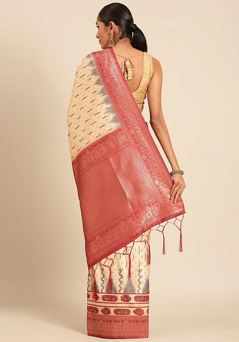 Cream Jacquard Silk Saree Set