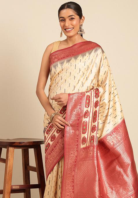 Cream Jacquard Silk Saree Set