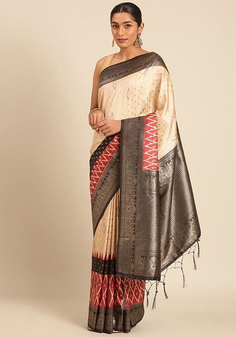 Cream Jacquard Silk Saree Set