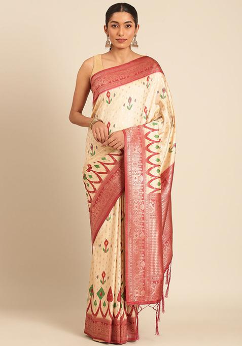 Cream Jacquard Silk Saree Set