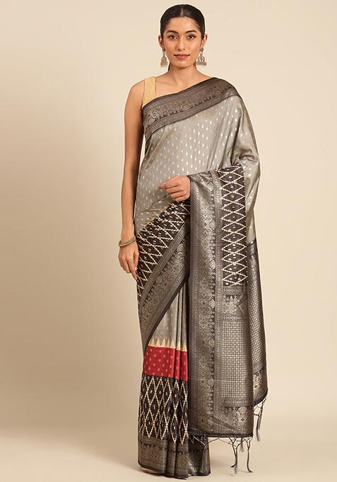 Grey Jacquard Silk Saree Set