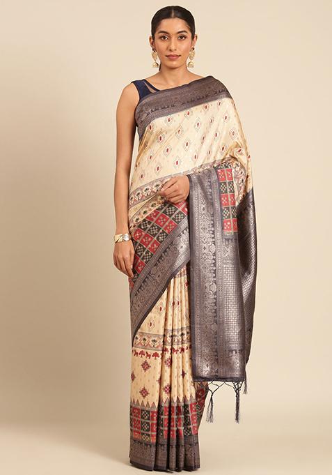 Cream Printed Silk Saree Set