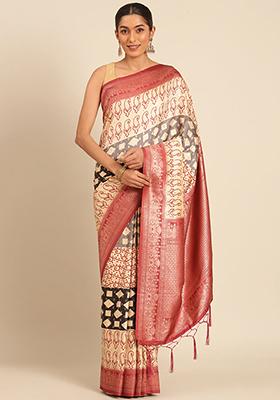 Cream Printed Silk Saree Set