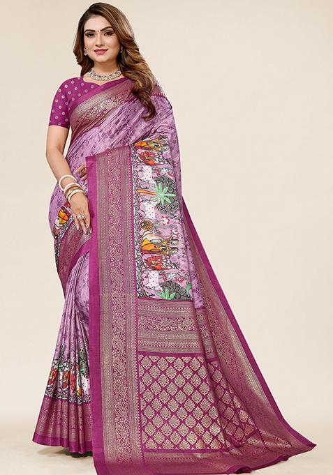 Magenta Printed Dhola Silk Saree Set