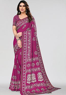 Rani Pink Printed Dhola Silk Saree Set