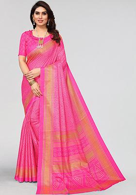 Pink Printed Khadi Silk Saree Set