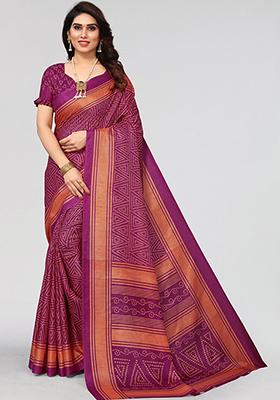 Magenta Printed Khadi Silk Saree Set
