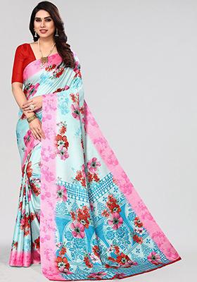 Teal Blue Printed Khadi Silk Saree Set