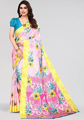 Pink Printed Khadi Silk Saree Set