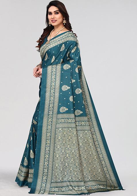 Teal Blue Printed Khadi Silk Saree Set