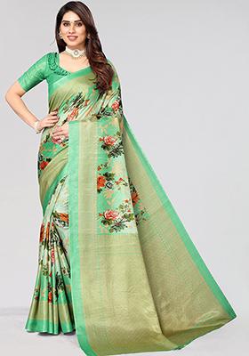 Pista Green Printed Khadi Silk Saree Set