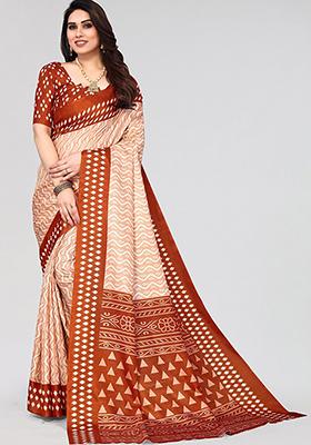 Rust Brown Printed Khadi Silk Saree Set