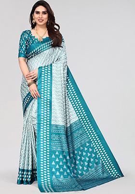 Rama Green Printed Khadi Silk Saree Set