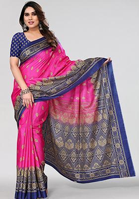 Pink Printed Khadi Silk Saree Set