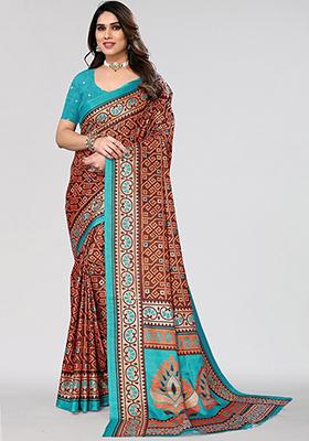 Brown Printed Khadi Silk Saree Set