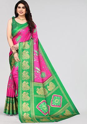 Pink Printed Khadi Silk Saree Set