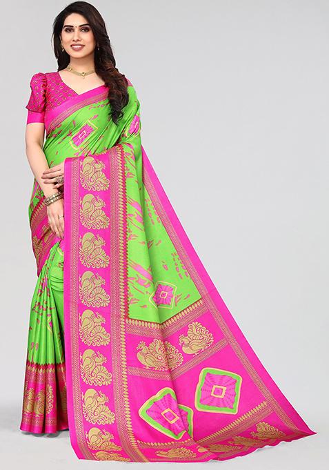 Parrot Green Printed Khadi Silk Saree Set