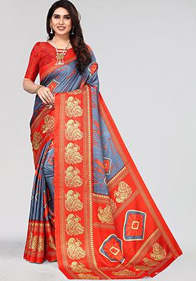 Grey Printed Khadi Silk Saree Set