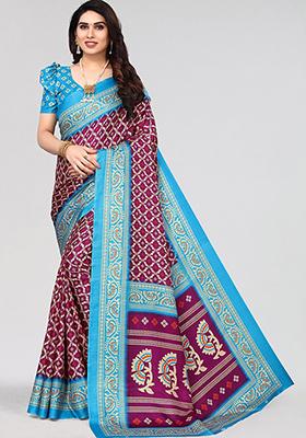Magenta Printed Khadi Silk Saree Set