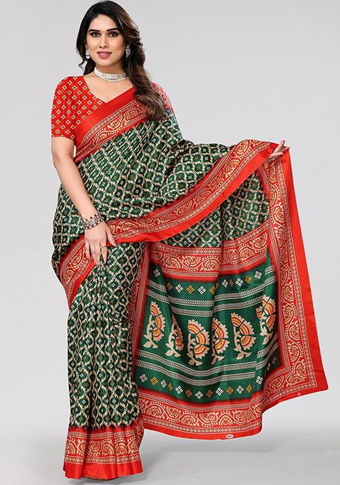 Bottle Green Printed Khadi Silk Saree Set