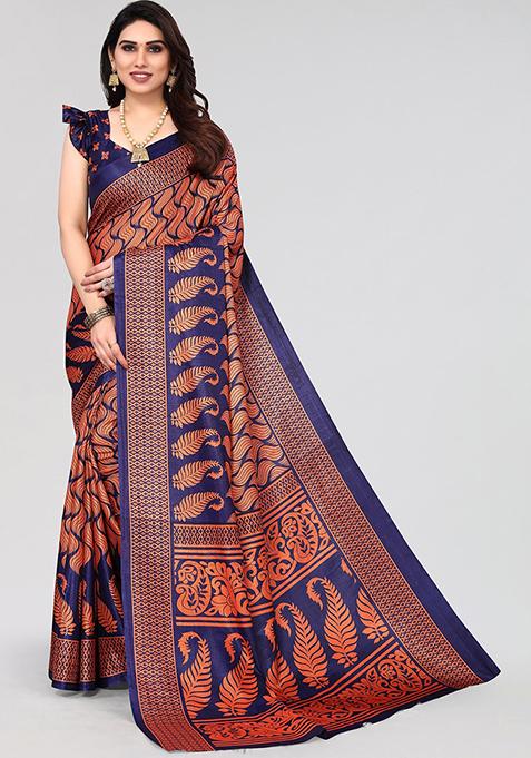 Navy Blue Printed Khadi Silk Saree Set