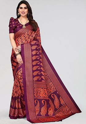 Magenta Printed Khadi Silk Saree Set